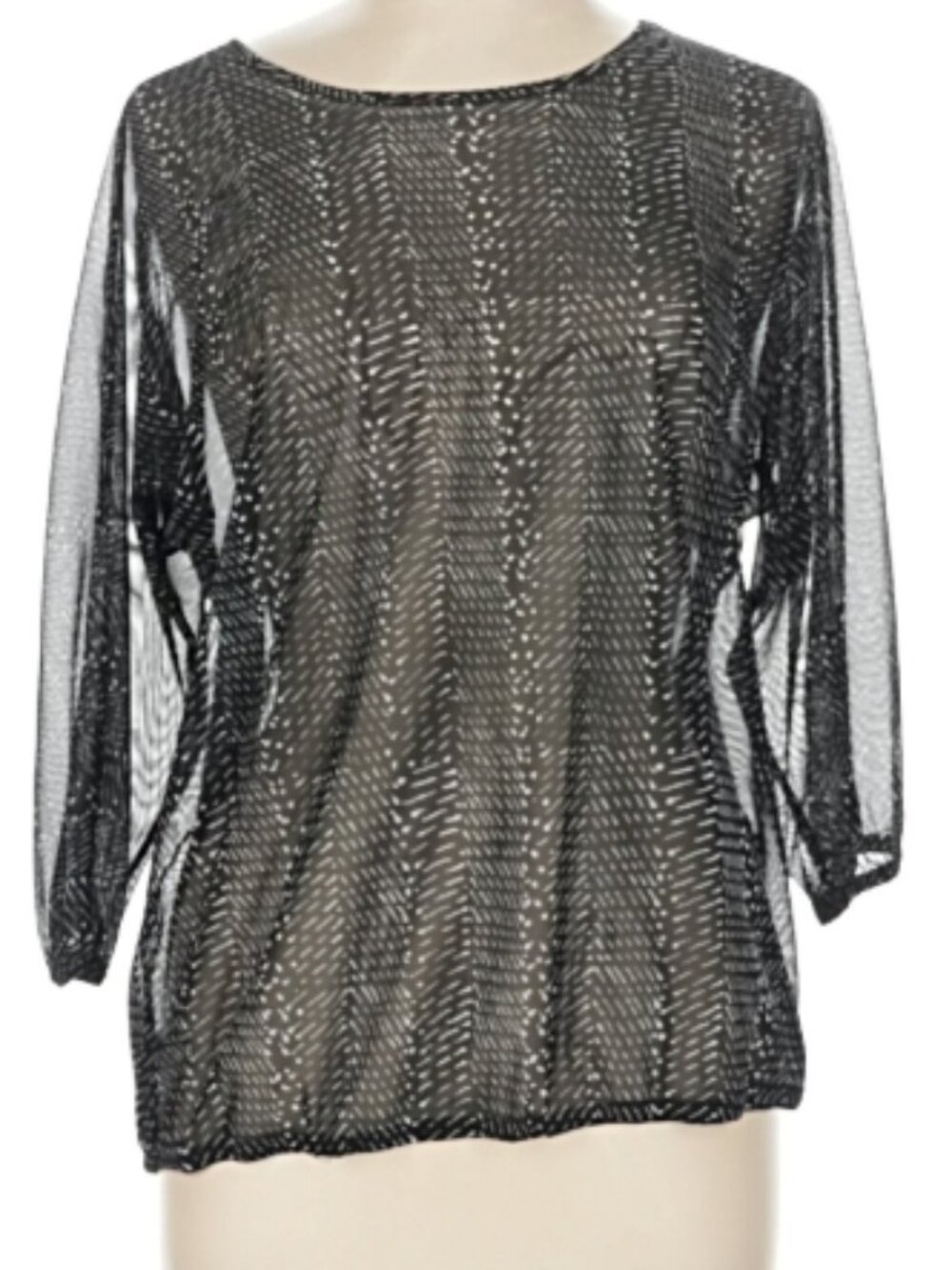 Chicos Metallic Black 3/4 Sleeve See Through Top Size Large